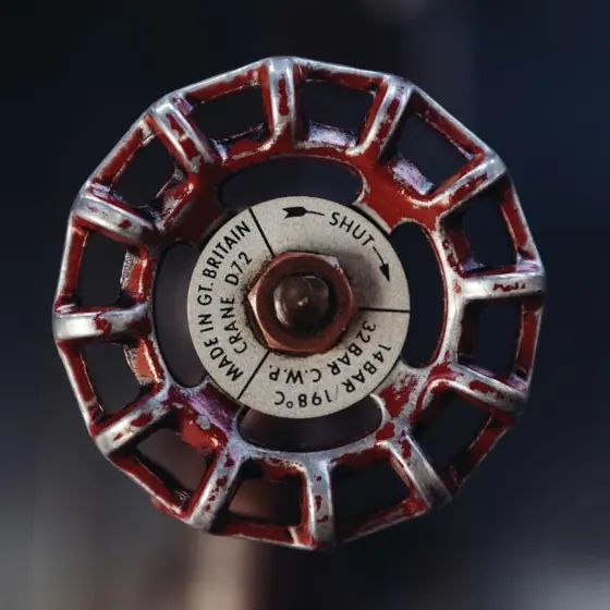 A red shutoff valve wheel on a supply line