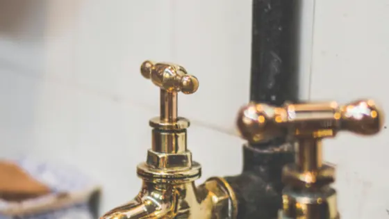 Unlacquered brass mixer faucets on a wall mounted basin