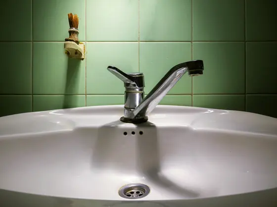 A mid century ceramic basin against green wall tile
