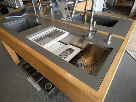A finished kitchen island with twin undermount sinks